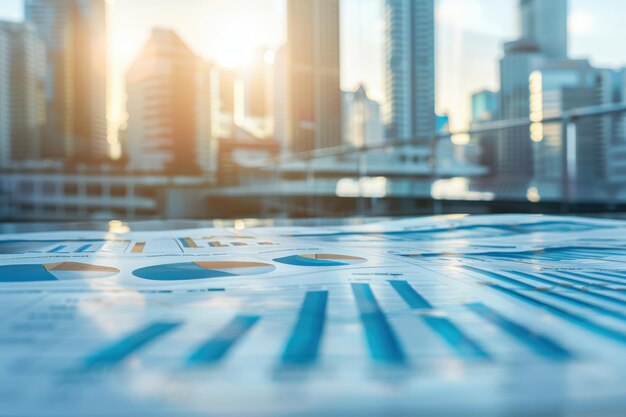 Detailed financial reports and colorful graphs rest on a sleek surface illuminated by golden sunset light with a vibrant city skyline in the background