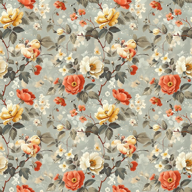 Photo detailed floral pattern with orange yellow and white flowers on a gray background