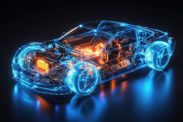 Photo a detailed and futuristic 3d rendering of a transparent car model showcasing the internal components