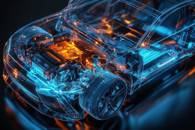 Photo a detailed and futuristic 3d rendering of a transparent car model showcasing the internal components