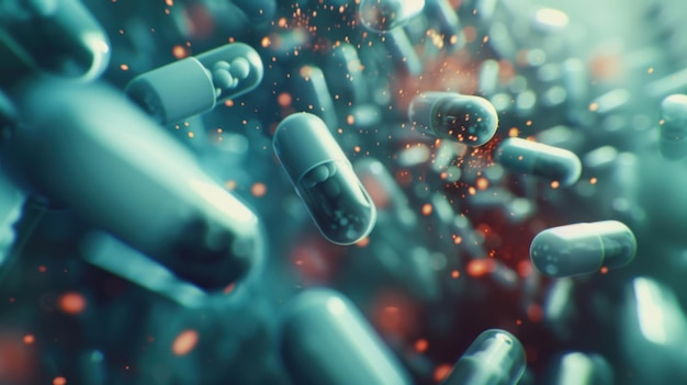 Detailed and futuristic view of pharmaceutical compounds and chemical interactions medical closeup vibrant and clear