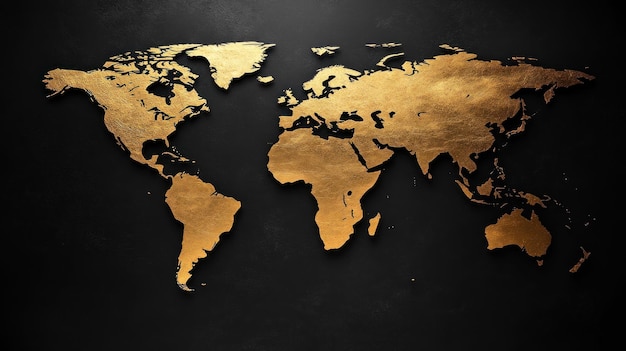 Photo a detailed golden map of the world stands out against a black backdrop highlighting different continents and oceans