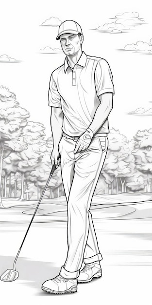 Photo detailed golf player coloring page with masculine flair