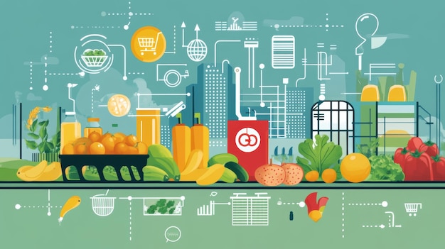 Photo a detailed graphic showing the role of technology in improving food production efficiency and reducing waste