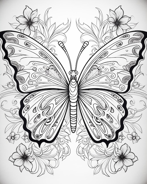 Detailed Hand Drawn Coloring Page with Butterfly