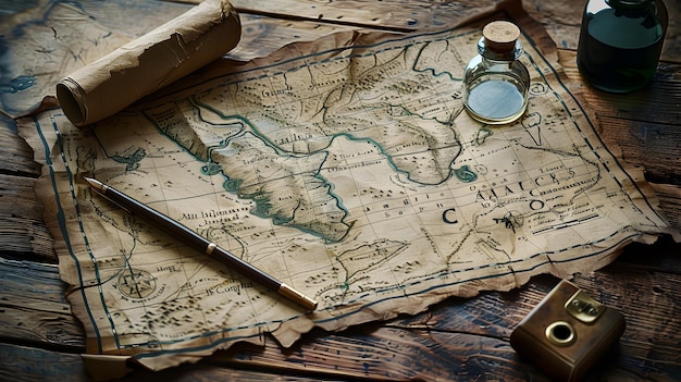 Detailed Hand Drawn Map on Vintage Parchment with Ink Bottle and Quill