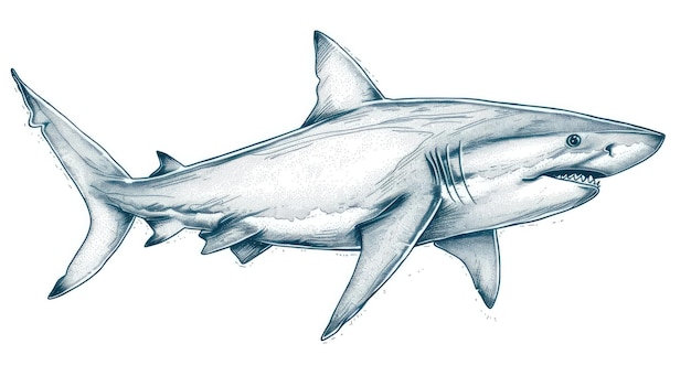 Photo detailed handdrawn illustration of a great white shark in profile realistic sketch