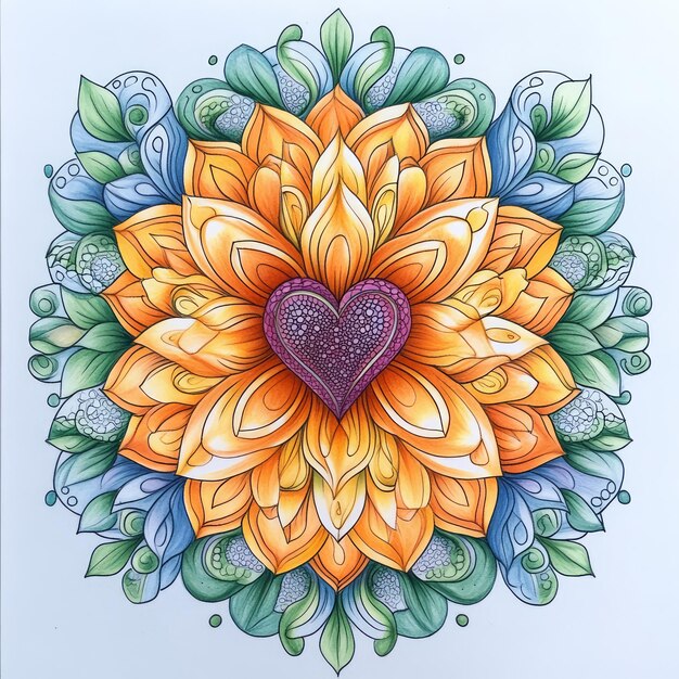 Photo a detailed handdrawn illustration of a stylized flower with a heart in the center