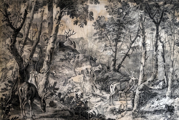 Detailed historic engraving of a forest hunting scene