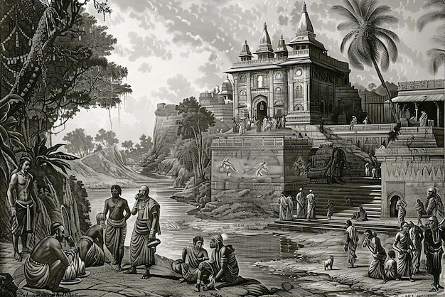 Photo detailed historical engraving of ancient indian cultural scene