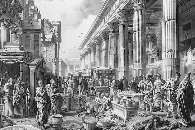 Photo detailed historical engraving of bustling ancient roman marketplace traders