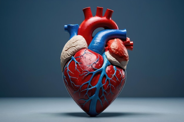 Detailed human heart model on blue background