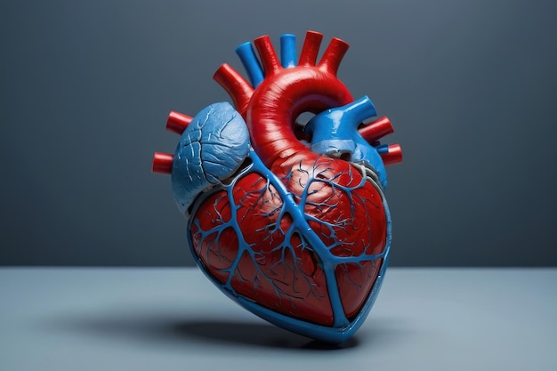 Detailed human heart model on blue background