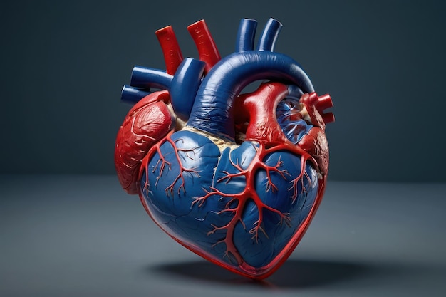 Detailed human heart model on blue background