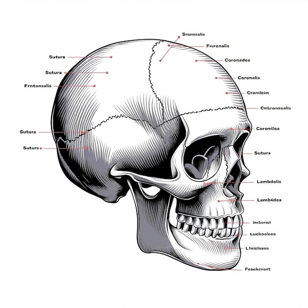 Photo detailed human skull illustration side view with labeled sutures and clear markings