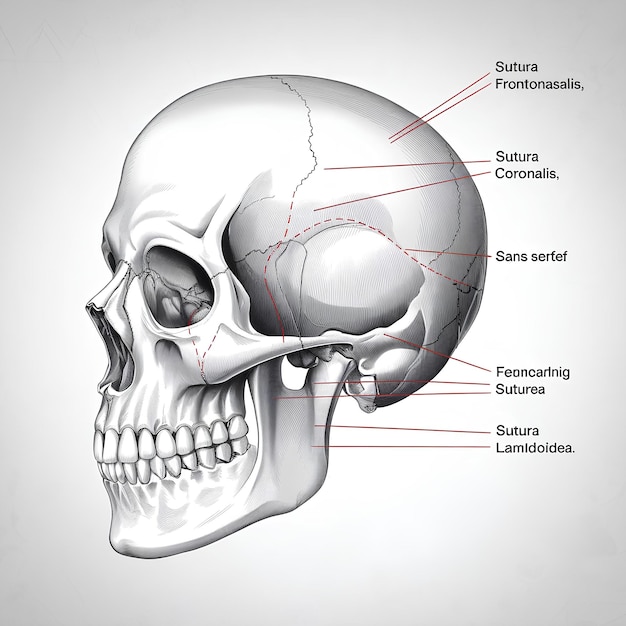 Detailed Human Skull Illustration Side View with Labeled Sutures and Clear Markings