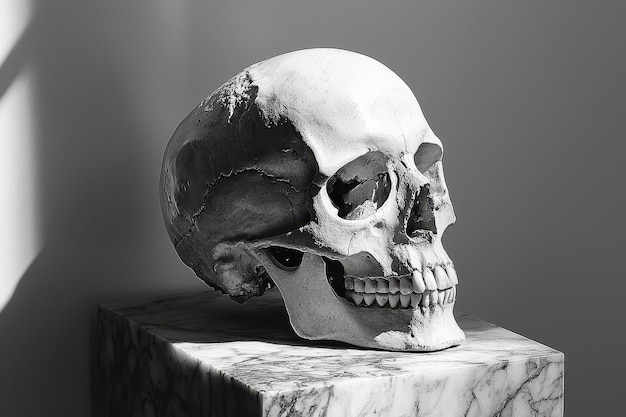 Photo detailed human skull on a marble pedestal captured in soft light showcasing textures