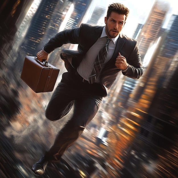 Photo detailed hyperrealistic businessman running through the city with intense focus