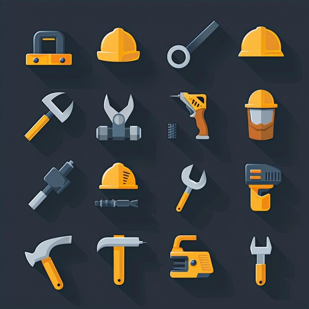 Photo detailed icons showcasing building tools like hammers wrenches and safety equipment in a minimalist style perfect for construction and design projects