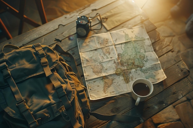 Detailed Illustration Backpack Map and Coffee on Table