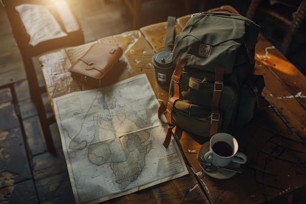 Photo detailed illustration backpack map and coffee on table