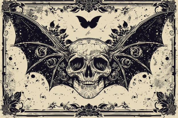 A detailed illustration of a bat skull with wings against a distressed gothic background A gothicinspired illustration of a bat skull with ornate patterns