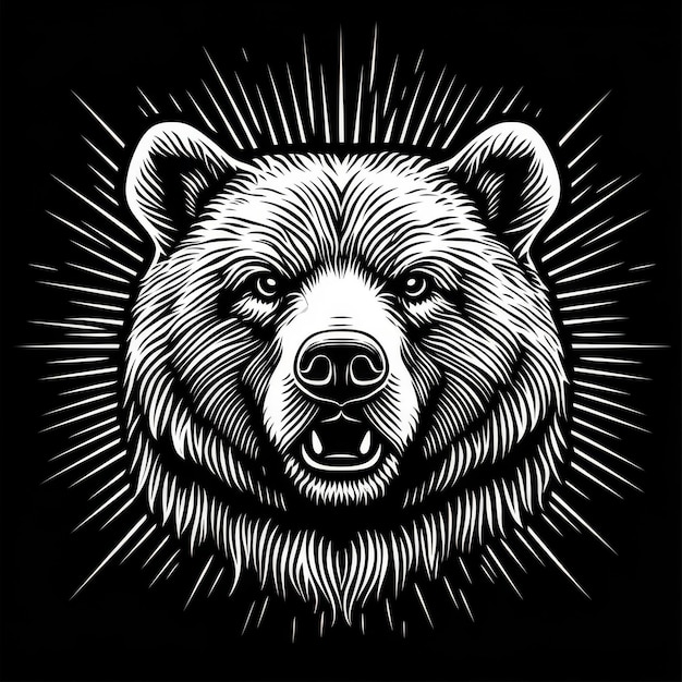 A detailed illustration of a bear39s head with a burst of light behind it