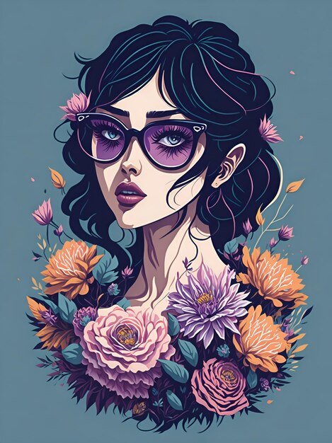 A detailed illustration of a Beautiful woman wearing trendy sunglasses with flowers splash