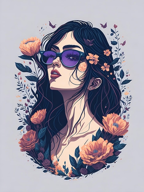 A detailed illustration of a Beautiful woman wearing trendy sunglasses with flowers splash