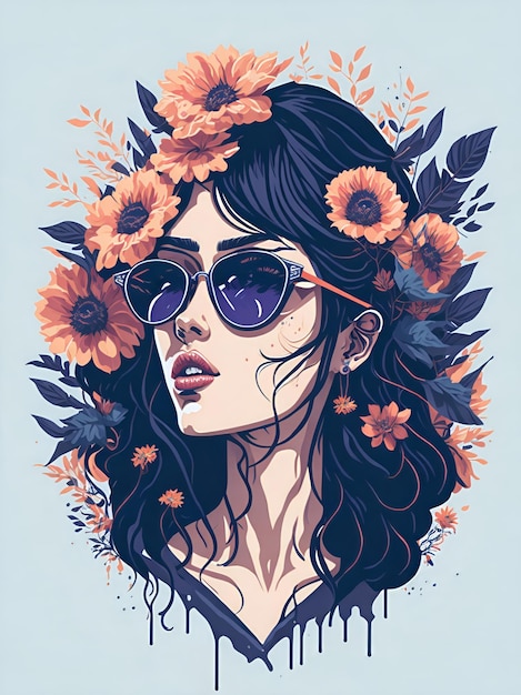 A detailed illustration of a Beautiful woman wearing trendy sunglasses with flowers splash