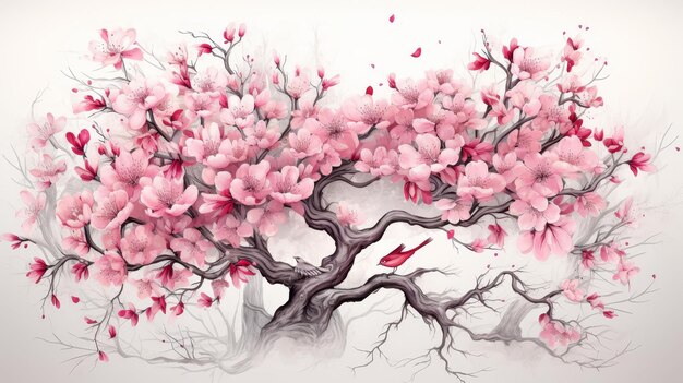 Detailed illustration of a blooming cherry blossom tree