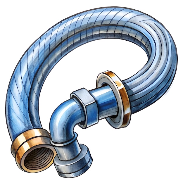 A detailed illustration of a blue flexible hose with gold fittings rendered in a watercolor style