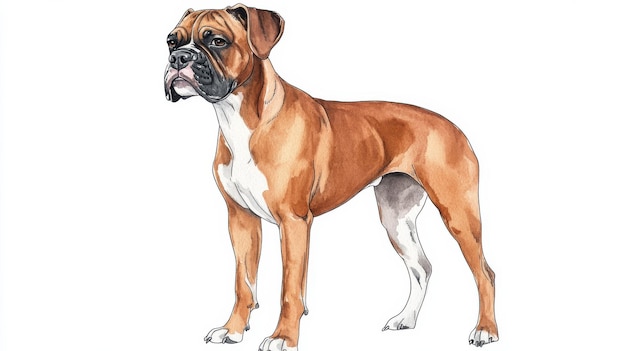 A detailed illustration of a Boxer dog standing gracefully while showcasing its muscular build and distinctive markings indoors