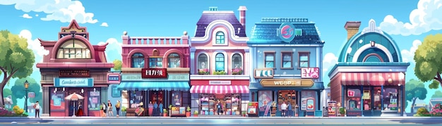 Photo detailed illustration of a bustling city street with unique shops and colorful signage