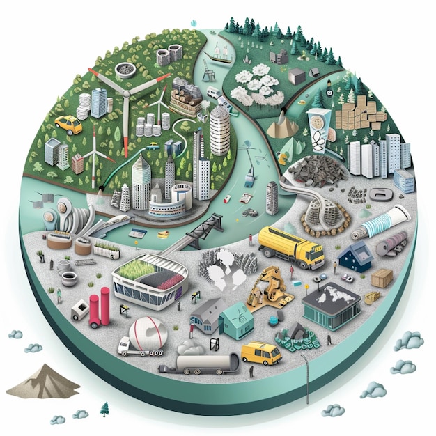 Photo a detailed illustration of a circular economy model with reduced waste and recycling