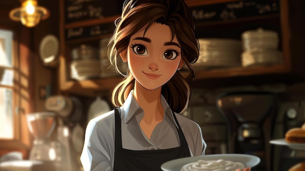 Detailed illustration of a cozy cafe setting where an attentive waitress serves brunch specialties