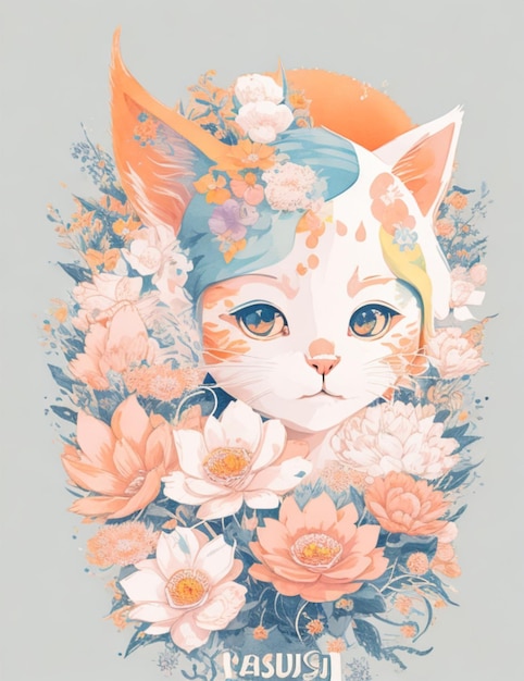 A detailed illustration of a cute kitten head print with flowers 2