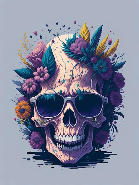 A detailed illustration a Dead Skull wearing trendy sunglasses tshirt design flowers splash