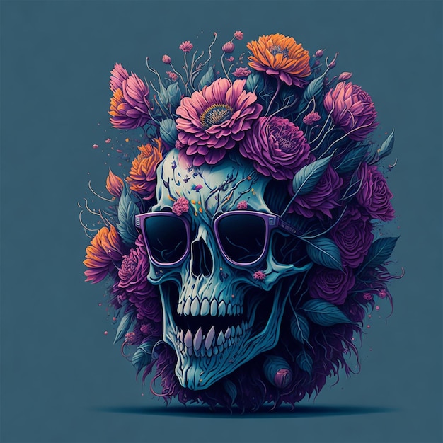 A detailed illustration of a Dead Skull wearing trendy sunglasses tshirt design