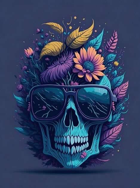 A detailed illustration of a Dead Skull wearing trendy sunglasses with flowers splash