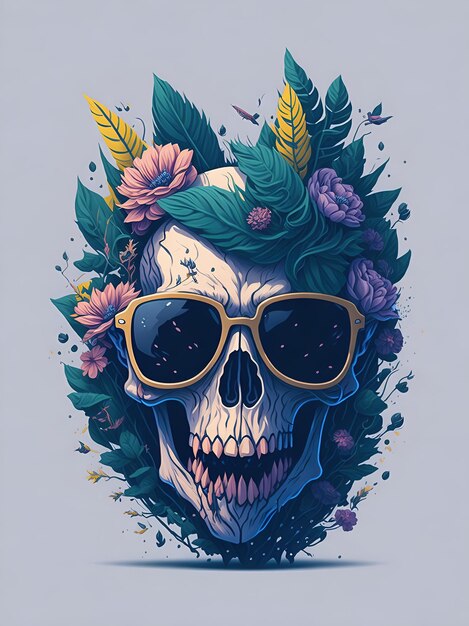 A detailed illustration of a Dead Skull wearing trendy sunglasses with flowers splash