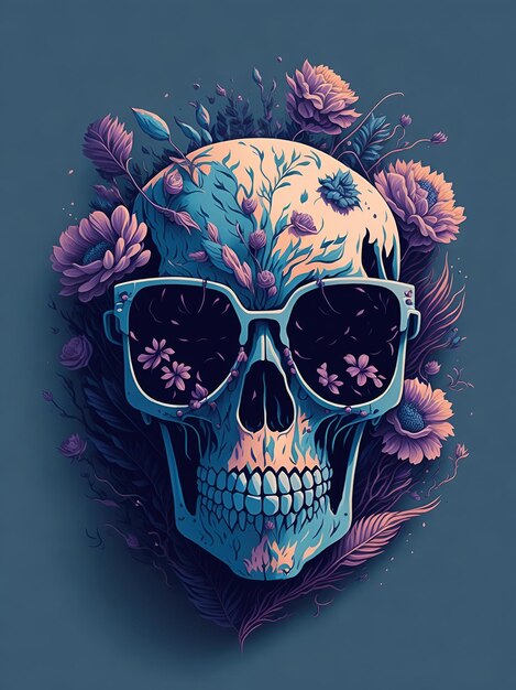 A detailed illustration of a Dead Skull wearing trendy sunglasses with flowers splash