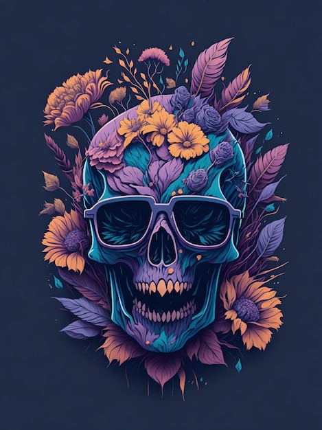 A detailed illustration of a Dead Skull wearing trendy sunglasses with flowers splash