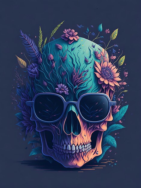 A detailed illustration of a Dead Skull wearing trendy sunglasses with flowers splash