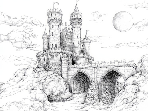 Photo a detailed illustration of a fantasy castle surrounded by clouds and a moon