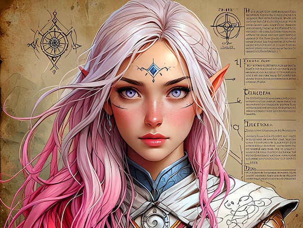 A detailed illustration of a fantasy character with light purple hair large pointed ears