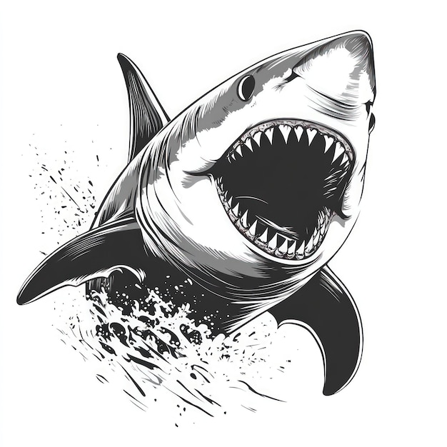 Photo a detailed illustration of a great white shark leaping out of the water with its mouth open showing its sharp teeth the image is rendered in shades of gray and white with a textured background