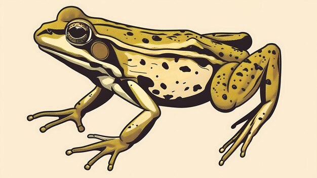 A detailed illustration of a green frog with brown spots and stripes