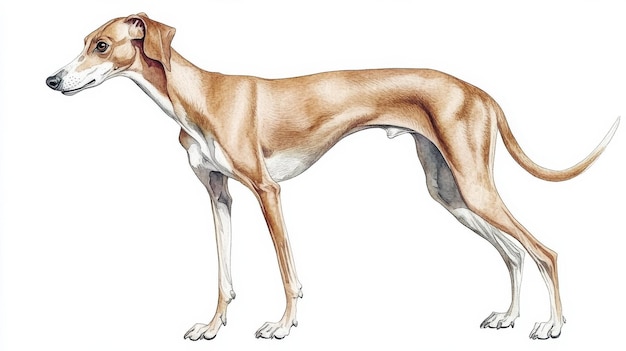 A detailed illustration of a greyhound standing elegantly showcasing its sleek body and unique posture in a neutral background