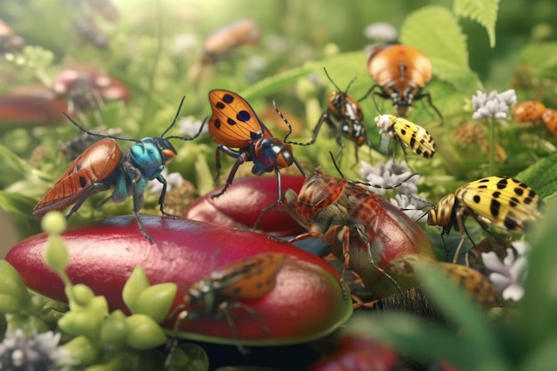 A detailed illustration of a group of insects such as butterflies or beetles in a vibrant and colo